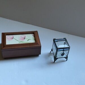 Elegant Brown Wood Music box and Glass Jewelry Box Set
